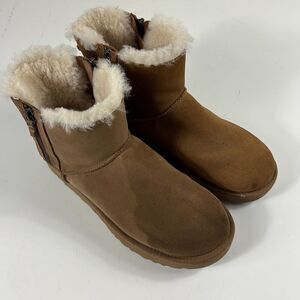 UGG Boots Womens 9 Classic Mini Bailey Double Bow Shearling Suede Brown 1118853